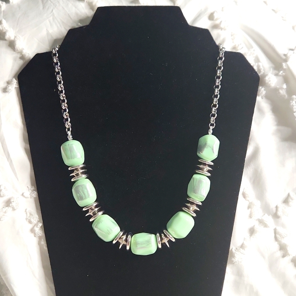 Chic Mint Green Beaded Necklace with Silver Accents